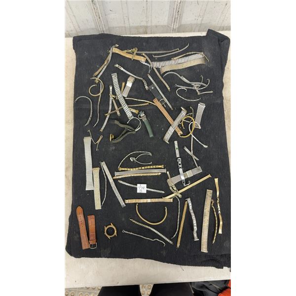 Assorted Watch Bands Including Metal Expansion, Link, Mesh, Leather Straps and Watch Case