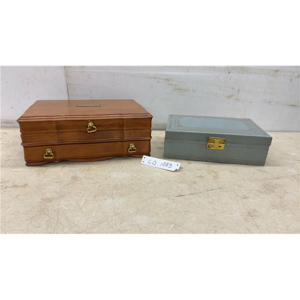 Wooden Multi-Tiered Jewelry Chest with Brass Hardware and Blue Embossed Jewelry Box