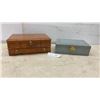 Image 1 : Wooden Multi-Tiered Jewelry Chest with Brass Hardware and Blue Embossed Jewelry Box
