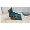 Image 6 : Wooden Multi-Tiered Jewelry Chest with Brass Hardware and Blue Embossed Jewelry Box
