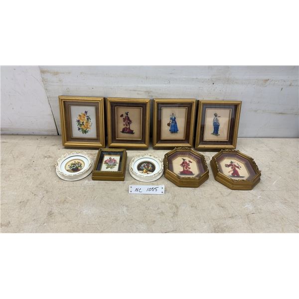 Nine Vintage Framed Needlepoint and Cross-Stitch Artworks, Floral and Figural Designs, Largest