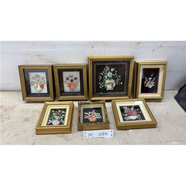 Seven Framed Shell Art Floral Arrangement Pictures in Gilt Frames, Largest 7 1/2 × 7 1/2”