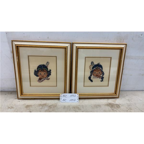 Two Framed Cross-Stitch Indigenous Children 13 × 12”