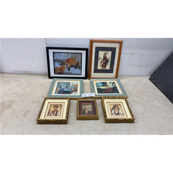 Seven Framed Art Prints: Red Foxes, Native American, Bathrooms, Children, Largest 14 × 11 1/2”