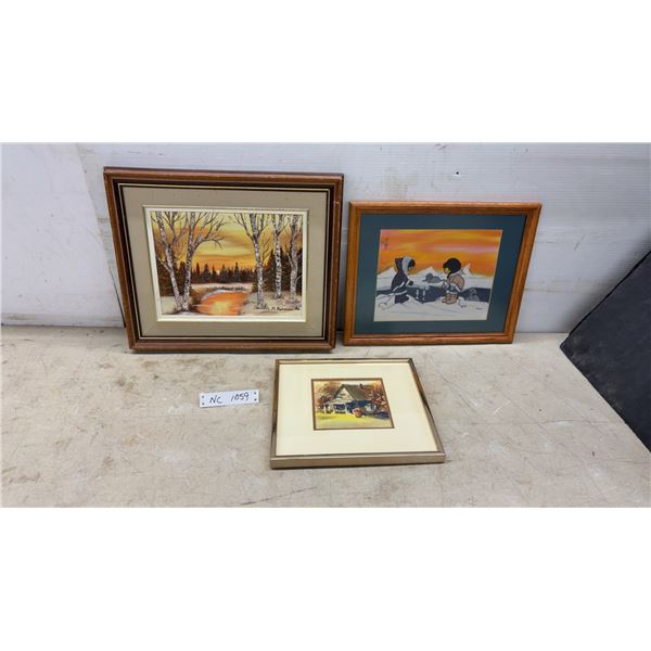 Three Framed Original Artworks, Water Colour 10 × 11” Acrylic Fall Scene 15 × 17” and Inuit