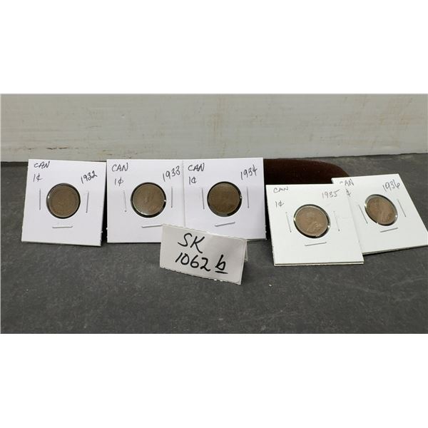 Five Canadian Small Pennies, 1932, 33, 34, 35 and 1936