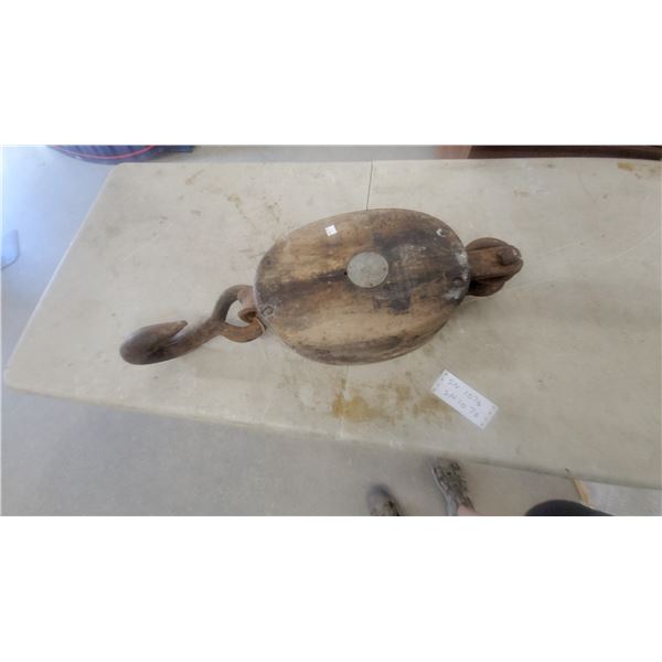 Large Antique Wooden and Iron Block and Tackle Pulley with Hook, 17-1/2” H