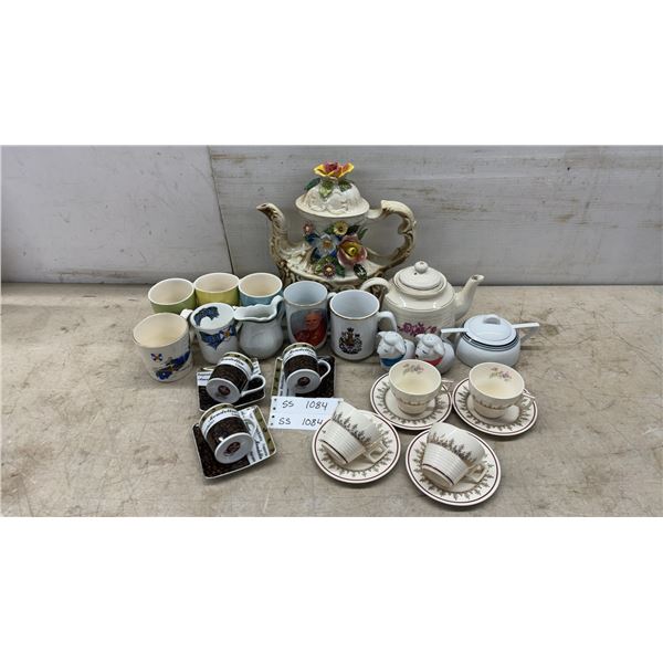 Assorted Teapots, Coffee and Espresso Cups, and Saucers, including Floral Teapots