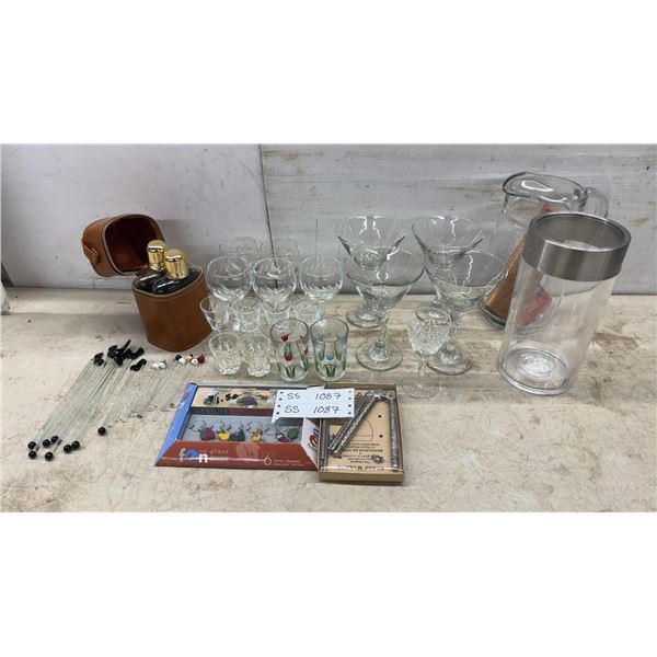 Barware Lot: Leather Flask Case with 2 Flasks, Assorted Stemware, Shot Glasses