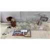 Image 1 : Barware Lot: Leather Flask Case with 2 Flasks, Assorted Stemware, Shot Glasses