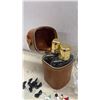 Image 3 : Barware Lot: Leather Flask Case with 2 Flasks, Assorted Stemware, Shot Glasses