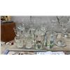 Image 4 : Barware Lot: Leather Flask Case with 2 Flasks, Assorted Stemware, Shot Glasses