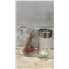 Image 7 : Barware Lot: Leather Flask Case with 2 Flasks, Assorted Stemware, Shot Glasses