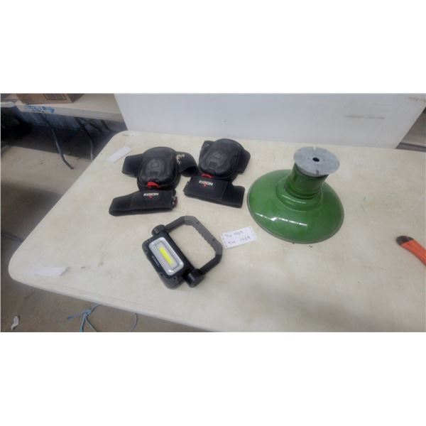ROXON Knee Pads, Portable LED Work Light, and Green Industrial Light Fixture