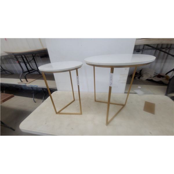 Two Round White-Top Side Tables with Gold-Tone Metal Bases nesting biggest one 20” High24” diameter