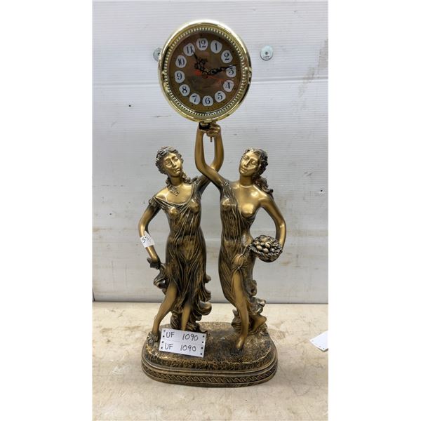 Bronze-Tone Two-Figure Clock with Basket of Fruit 28” Tall