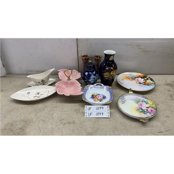 Assorted Decorative Ceramics: Gravy Boat and Underplate, Leaf Dish, Vases, and Plates