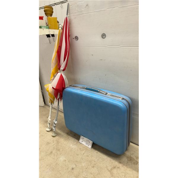 Vintage Samsonite Blue Suitcase and Two Clamp-On Umbrellas (Red/White and Yellow/White)