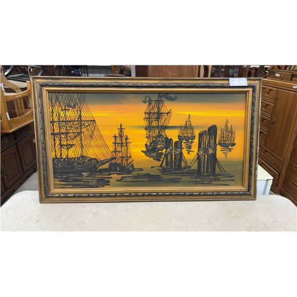 Jacqueline, Mid-Century Modern Mixed Media Painting of Ships at Sunset, Framed 55 × 31