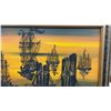 Image 2 : Jacqueline, Mid-Century Modern Mixed Media Painting of Ships at Sunset, Framed 55 × 31