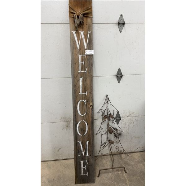 “Welcome” Wood Sign, 81”, and Metal Pinecone Tree, 42”