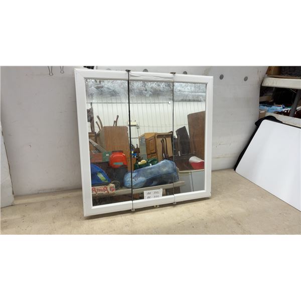 White Three-Door Tri-View Mirrored Medicine Cabinet, 29 × 30 × 4 1/4” (Some Damage on Frame)