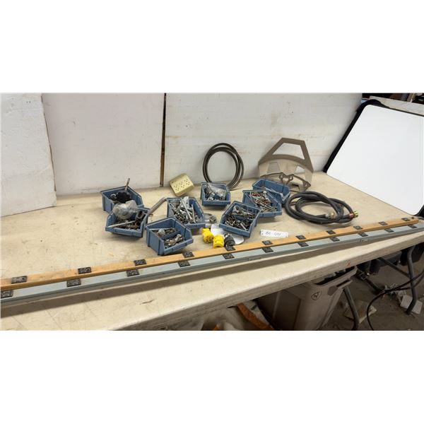 Hose Reel, Washer Hoses, Drive Belts, Bins of Assorted Fasteners and 2 Six Foot Power Bars (1