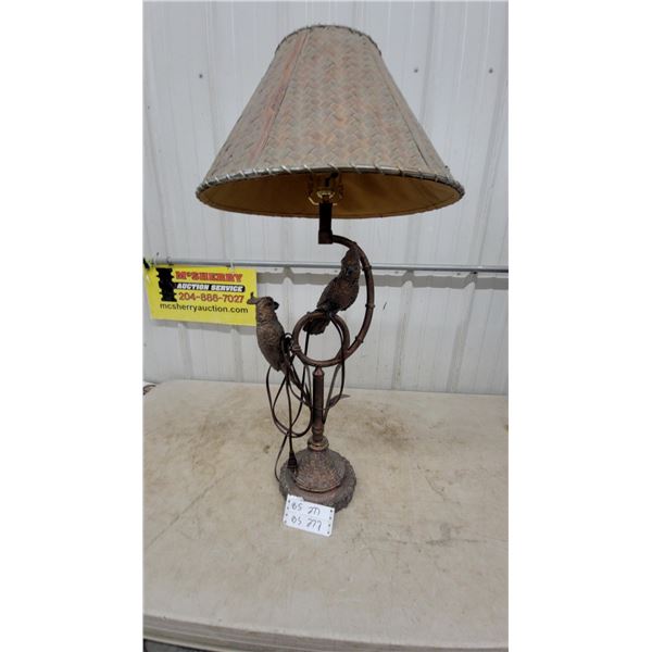 Table Lamp with Woven Shade and Two Bird Figurines 35” tall
