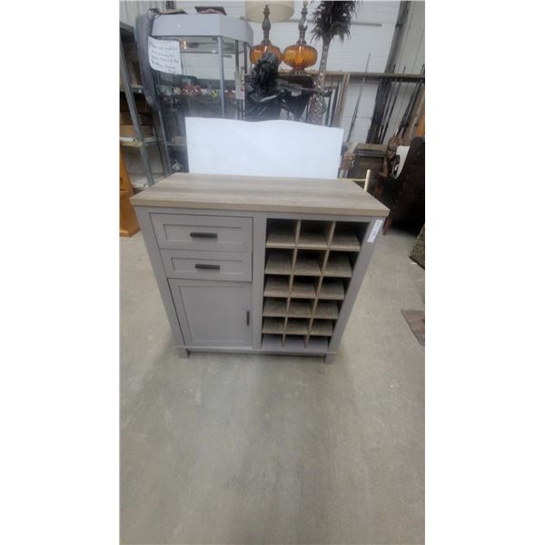 Gray and Wood-Grain Bar Cabinet with 2 Drawers, Cabinet, and 15-Bottle Wine Rack 37”×36”×18”