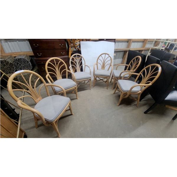 Set of Rattan Fan-Back Dining Armchairs with Grey Upholstered Seat Cushions