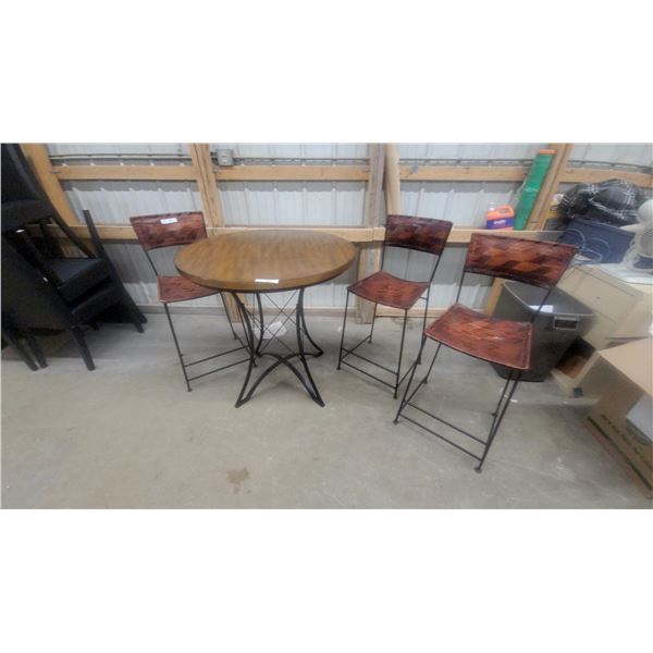 Round Wood Top Bar Table and 3 Woven Leather Seat Bar Stools