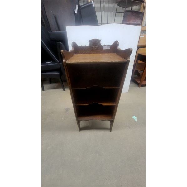 Antique Oak 3-Tier Record Cabinet with Carved Laurel Wreath and Brass Studs