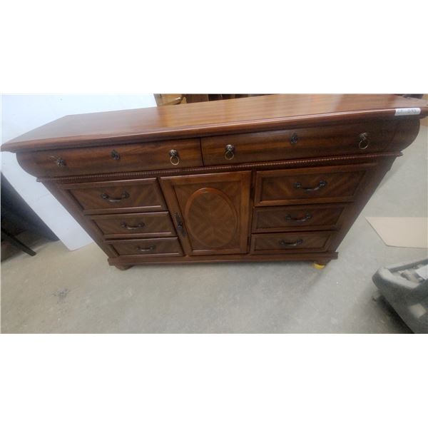Dark Wood Dresser and Chest of Drawers with Oval and Chevron Inlay, Brass Hardware 40”×65”×18”