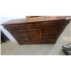 Image 1 : Dark Wood Dresser and Chest of Drawers with Oval and Chevron Inlay, Brass Hardware 40”×65”×18”