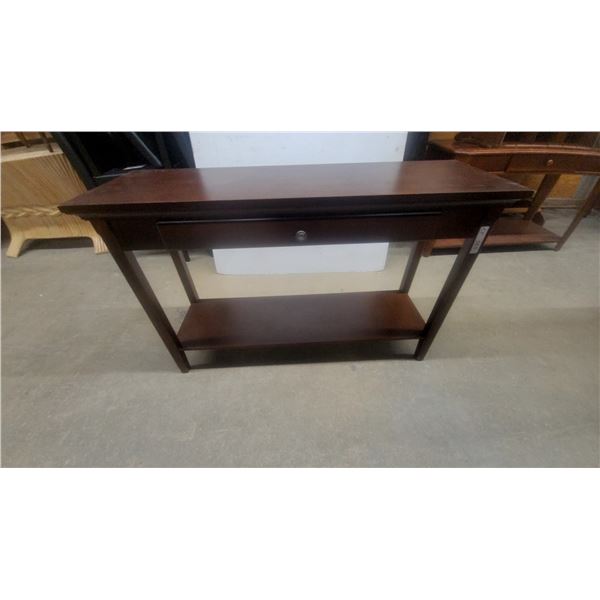 Brown Wood Console Table with Drawer and Lower Shelf 30”×48”×16”