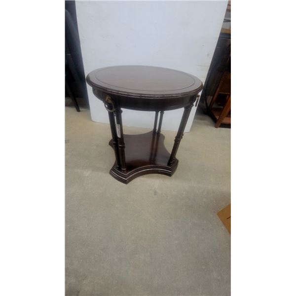 Round Wood Side Table with Lower Shelf and Brass Ring Pulls