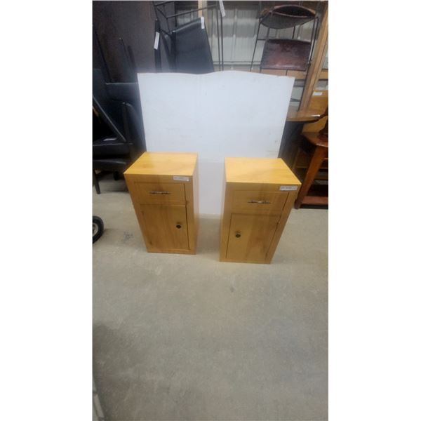 Pair of Light Wood Nightstands with Drawer and Cabinet, Each with Metal Pulls 28”×15”×16”