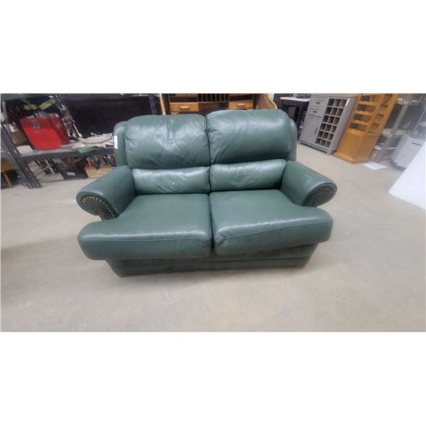 Green Leather Sofa and Loveseat with Nailhead Trim 64” wide
