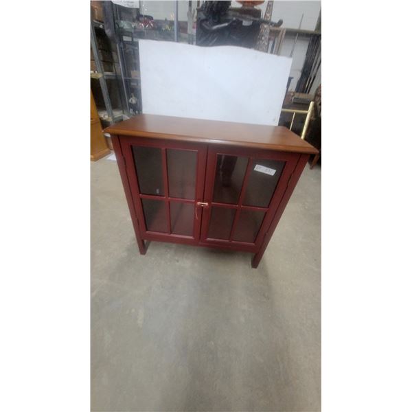 Red and Brown Wood Cabinet with Glass-Front Doors and Brass-Tone Hardware 31”×32”×14.6”