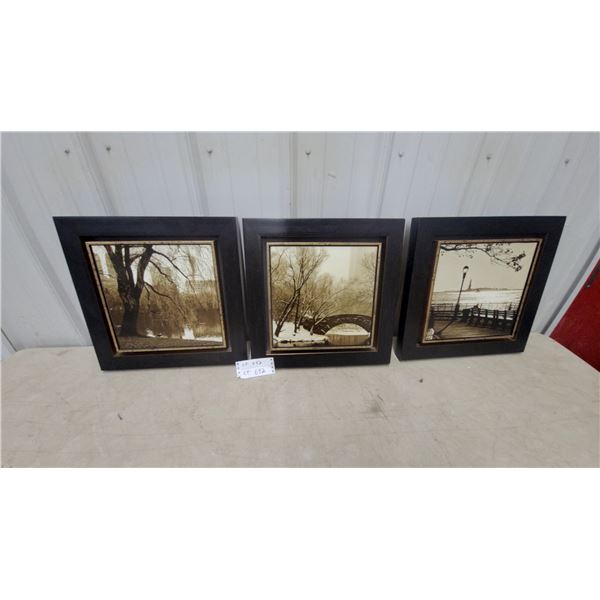 Three Framed Sepia-Toned Landscape Prints, Each 16”×16”