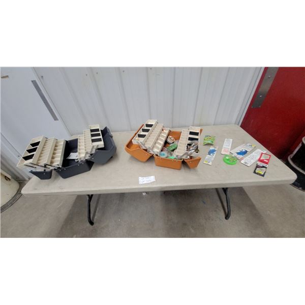 Two Tackle Boxes with Fishing Lures, Hooks, and Line; Eagle Claw Hooks