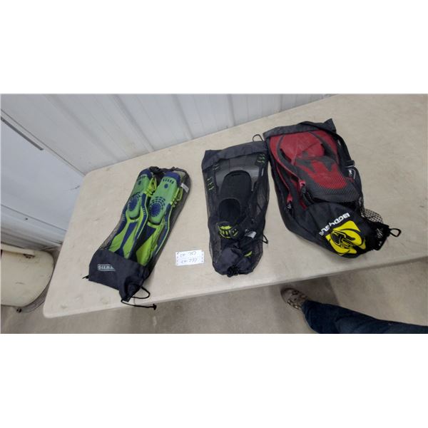 Three Pairs of Swim Fins: Body Glove, Arena, and Unbranded Snorkel Fins