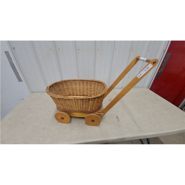 Wicker Basket Doll Stroller / planter with Wooden Frame and Wheels