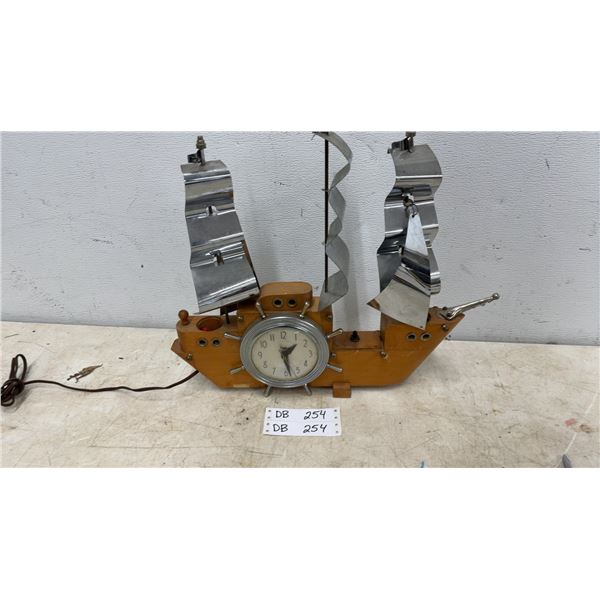 Vintage Ship-Shaped Clock and Lamp, Wood and Metal, Electric, 12-Hour Dial