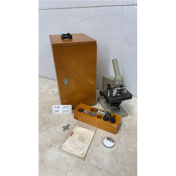 BIOLAM LOMO Microscope, Wooden Case, Eyepieces, Mirror, Wrench, and Paperwork