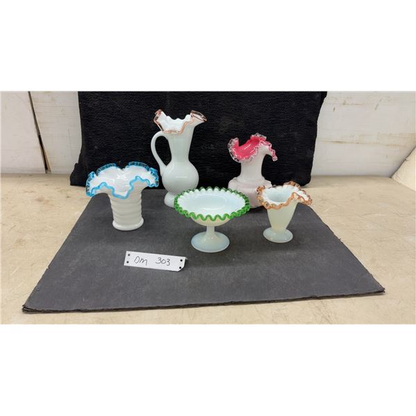 Fenton Style Art Glass Opalescent Ruffled Crest Vases, Pitcher, and Compote Collection