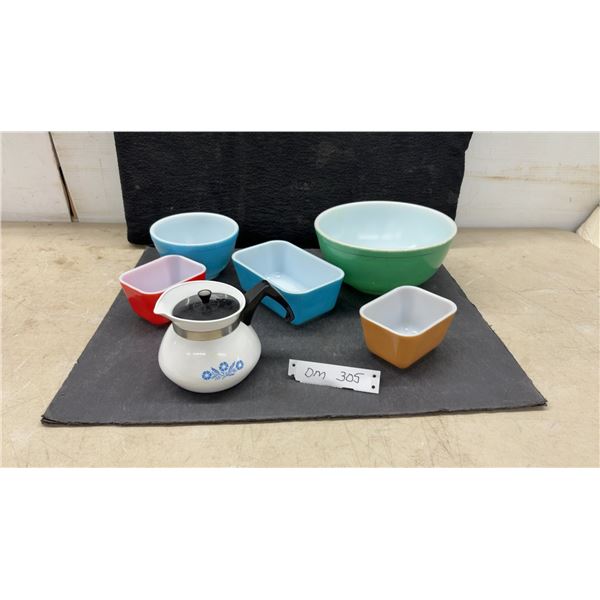 Two Vintage Pyrex Primary Colors Mixing Bowls, Refrigerator Dishes and CorningWare Cornflower Tea