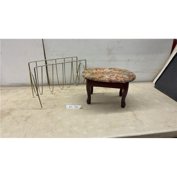 Vintage Floral Tapestry Upholstered Storage Footstool and Brass Wire Magazine Rack