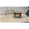 Image 1 : Vintage Floral Tapestry Upholstered Storage Footstool and Brass Wire Magazine Rack