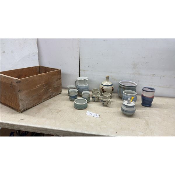 Pottery: Decanter with 4 Mugs, Pitcher with 4 Tumblers, 2 Bowls, and More with Wood Crate